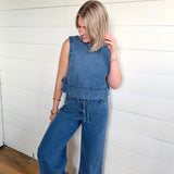 Stripe Washed Denim Waist Tie Strap Jeans In Dark - Infinity Raine