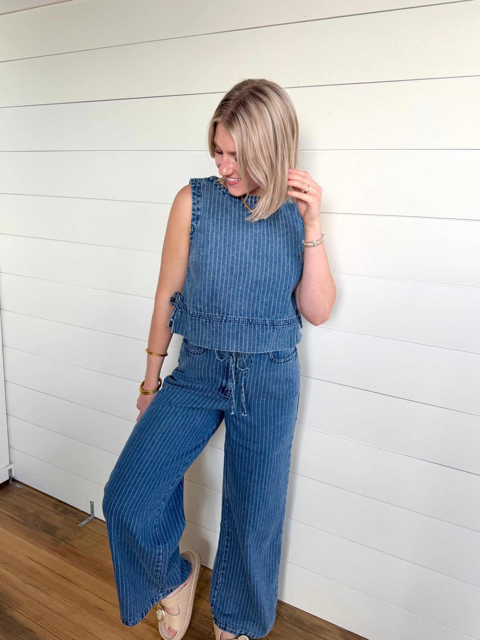 Stripe Washed Denim Waist Tie Strap Jeans In Dark - Infinity Raine