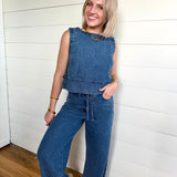 Stripe Washed Denim Waist Tie Strap Jeans In Dark - Infinity Raine
