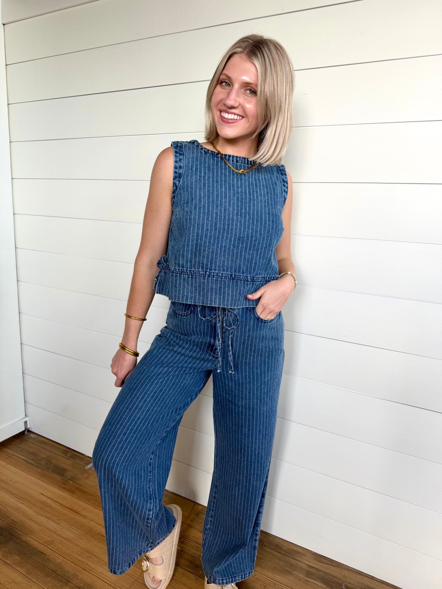 Stripe Washed Denim Waist Tie Strap Jeans In Dark - Infinity Raine