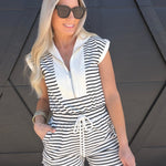 Stripe Zip Front Drawstring Knit Romper In Black - Infinity Raine