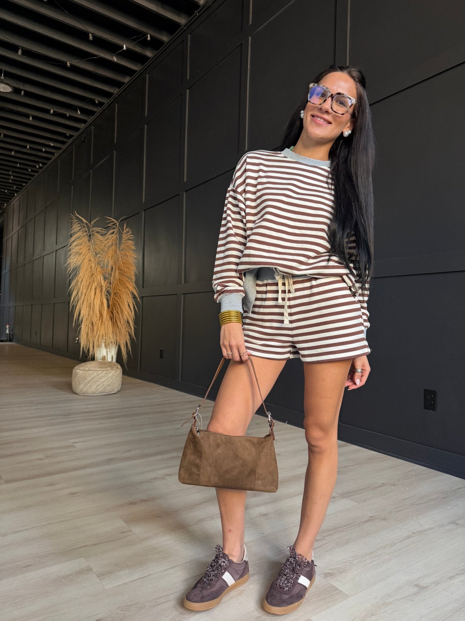 Striped Boxy Long Sleeve Contract Knit Top In Brown Multi - Infinity Raine