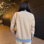 Striped Boxy Long Sleeve Contrast Knit Top In Khaki Multi - Infinity Raine