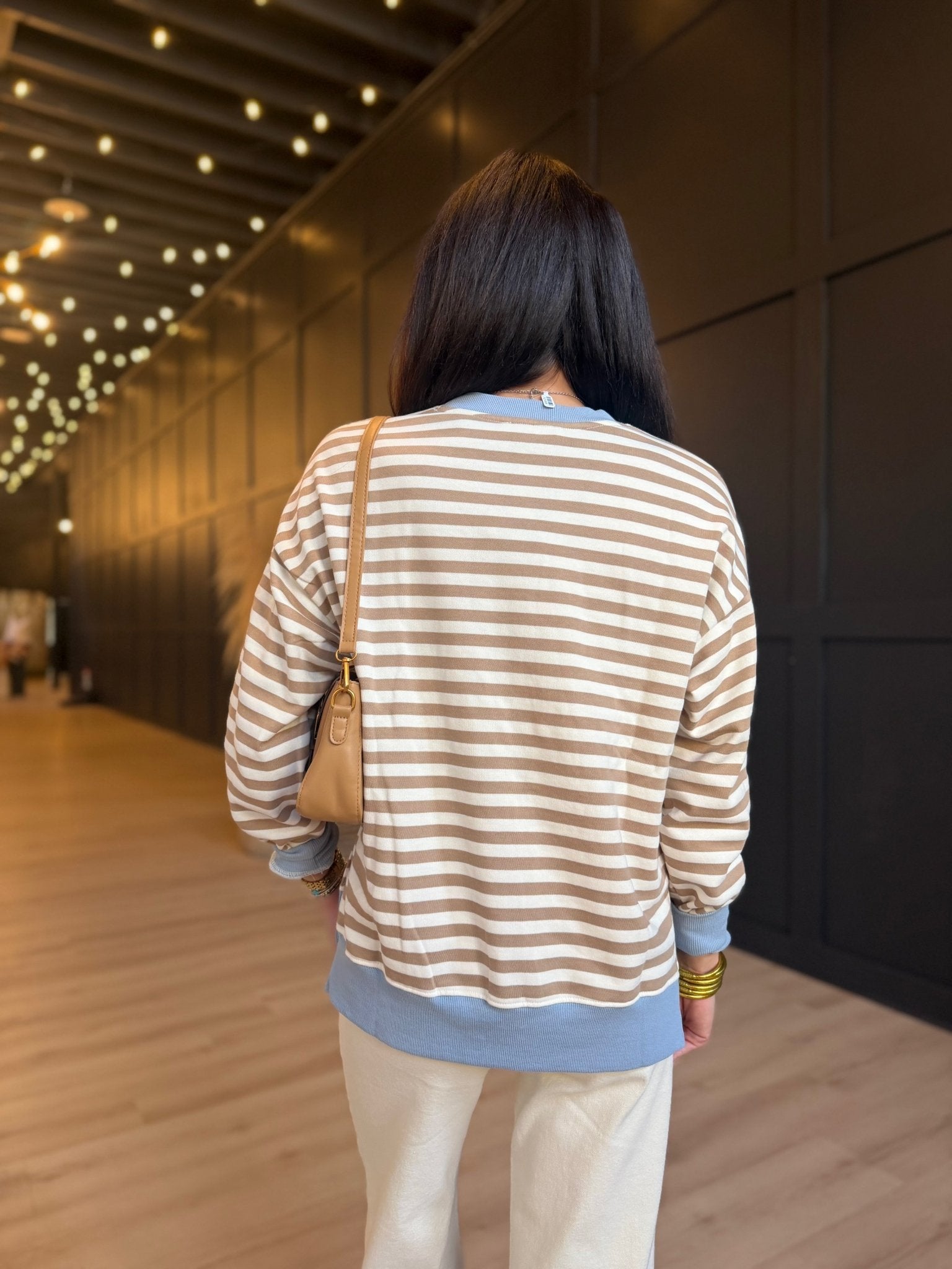 Striped Boxy Long Sleeve Contrast Knit Top In Khaki Multi - Infinity Raine