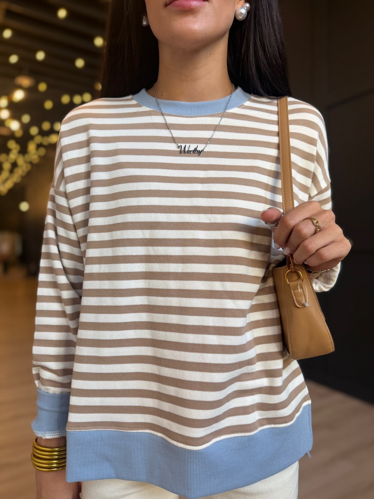 Striped Boxy Long Sleeve Contract Knit Top In Khaki Multi - Infinity Raine