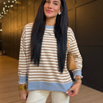 Striped Boxy Long Sleeve Contrast Knit Top In Khaki Multi - Infinity Raine