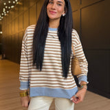 Striped Boxy Long Sleeve Contrast Knit Top In Khaki Multi - Infinity Raine