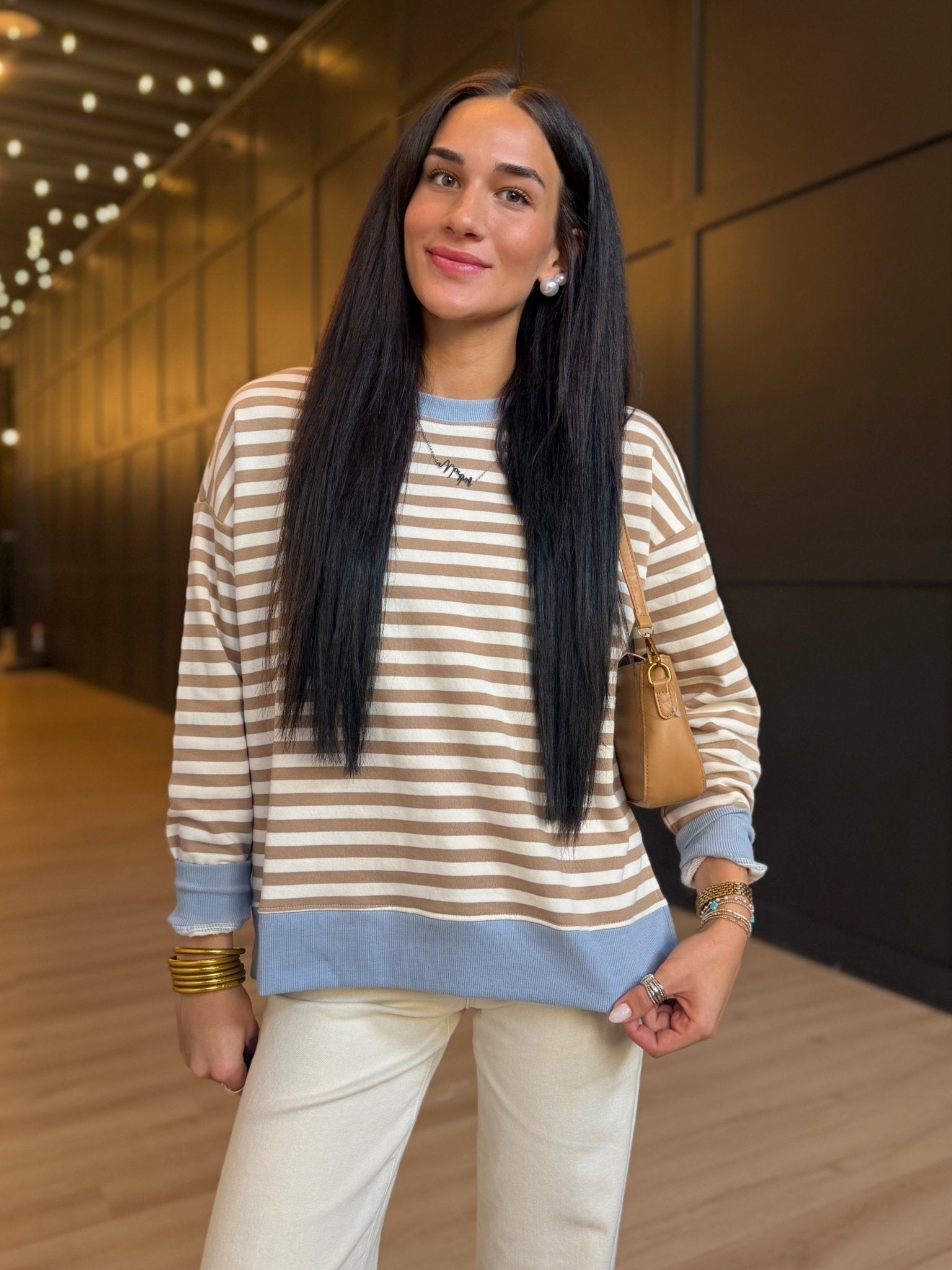 Striped Boxy Long Sleeve Contract Knit Top In Khaki Multi - Infinity Raine