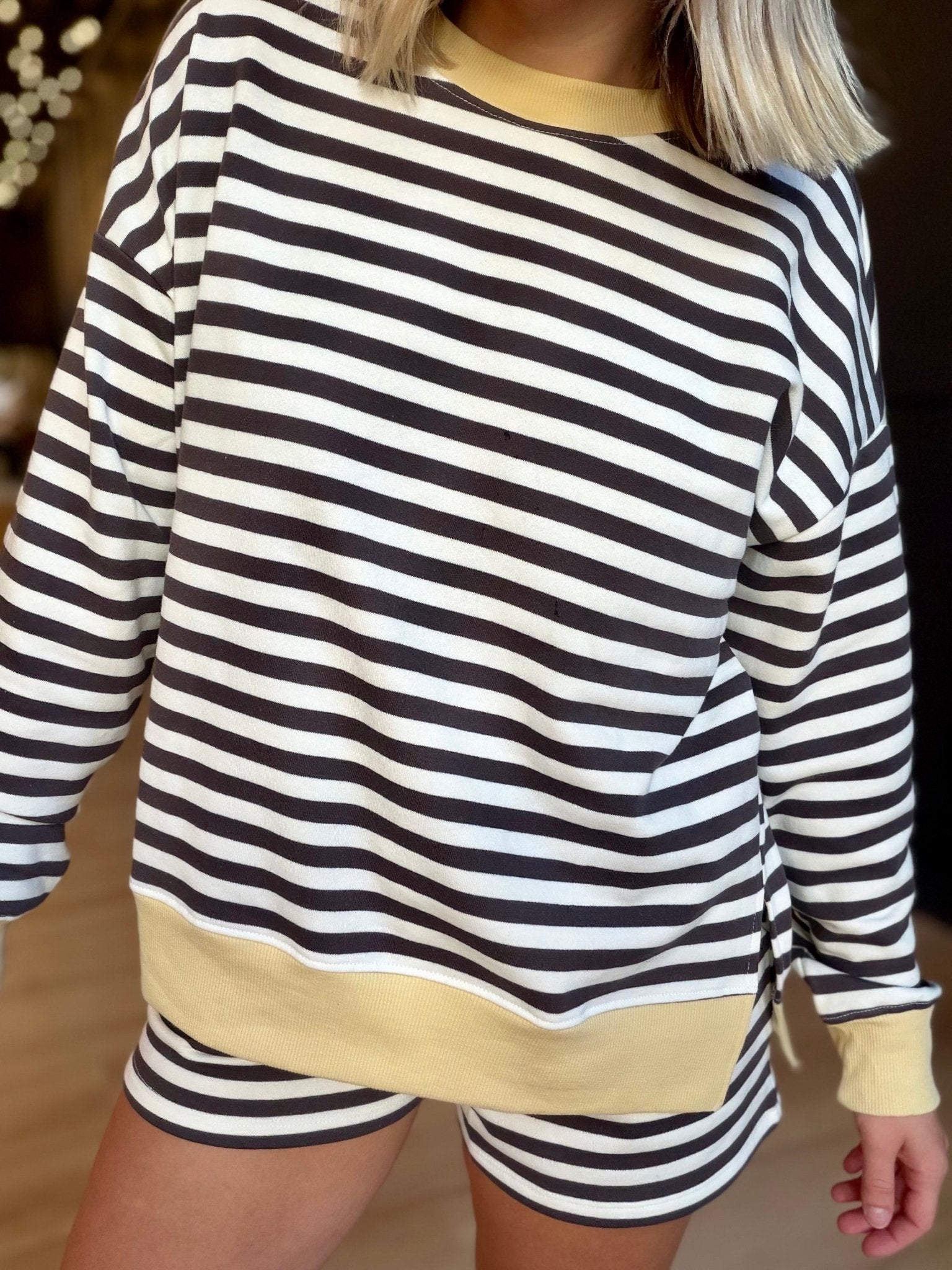 Striped Boxy Long Sleeve Contrast Knit Top In Charcoal Multi - Infinity Raine