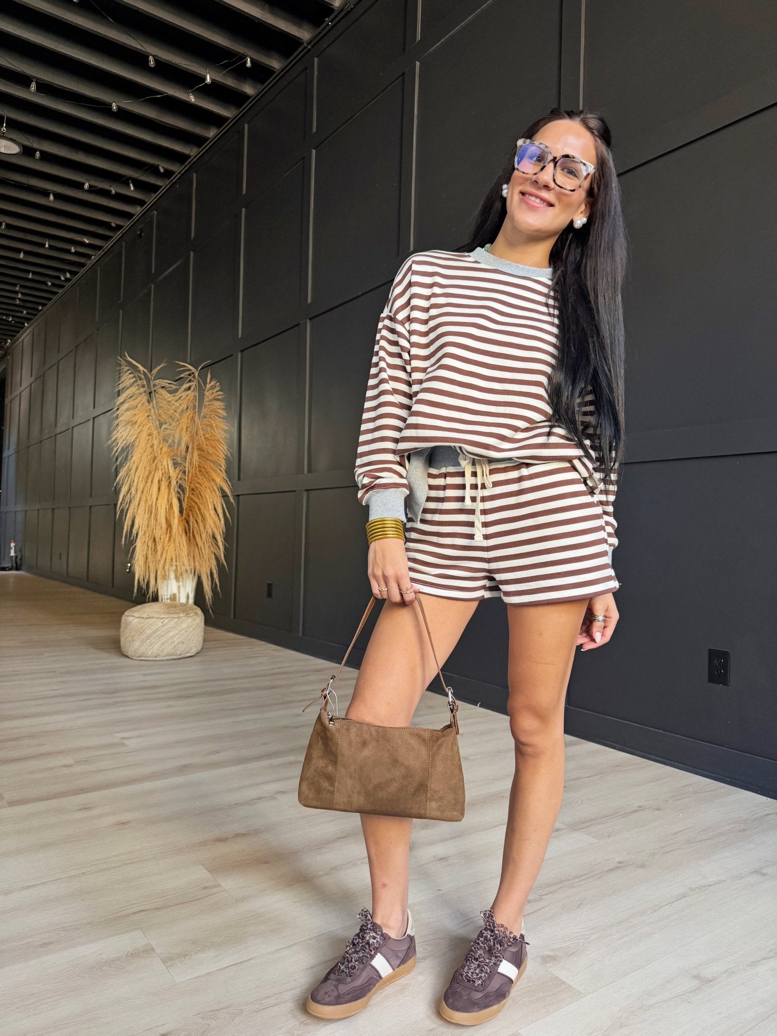 Striped Contrast Ribbed Waist Knit Shorts In Brown Multi - Infinity Raine