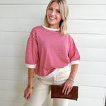 Striped Contrast Trim Rib Banded Top In Ruby - Infinity Raine