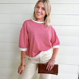 Striped Contrast Trim Rib Banded Top In Ruby - Infinity Raine