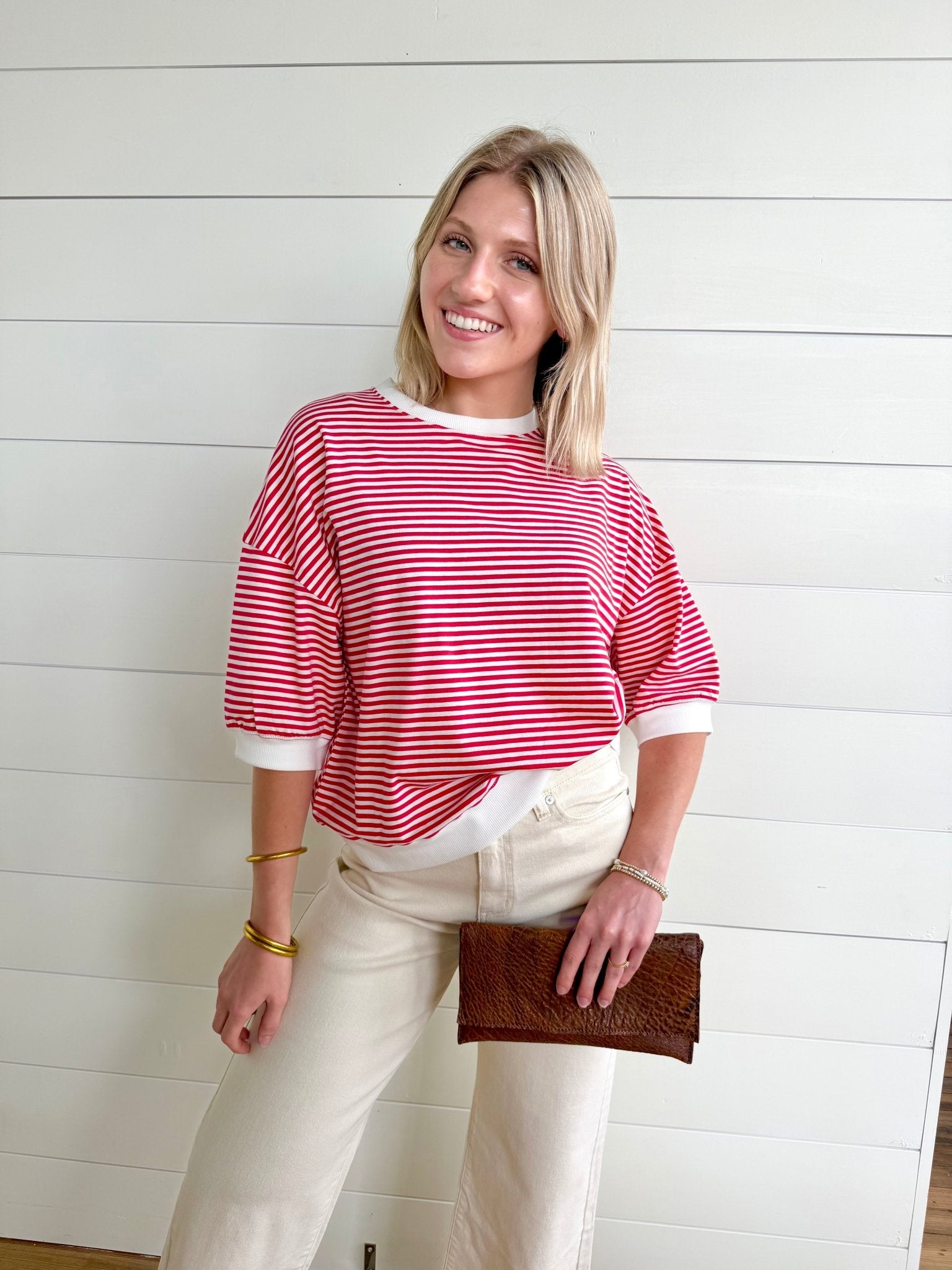 Striped Contrast Trim Rib Banded Top In Ruby - Infinity Raine
