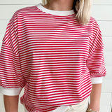 Striped Contrast Trim Rib Banded Top In Ruby - Infinity Raine