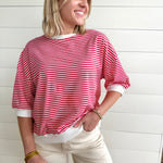 Striped Contrast Trim Rib Banded Top In Ruby - Infinity Raine