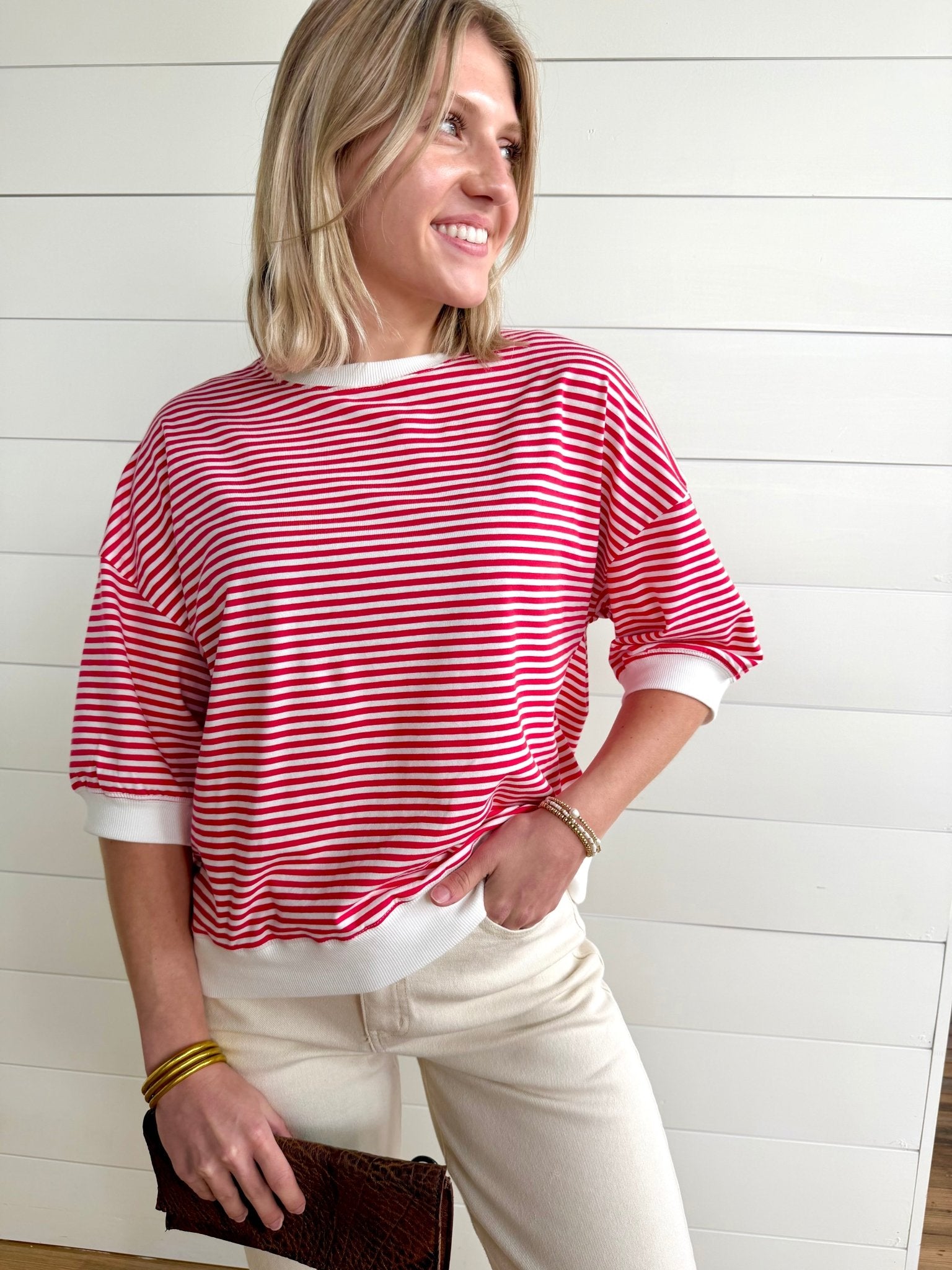 Striped Contrast Trim Rib Banded Top In Ruby - Infinity Raine
