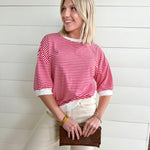 Striped Contrast Trim Rib Banded Top In Ruby - Infinity Raine