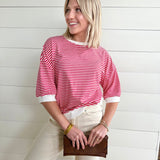 Striped Contrast Trim Rib Banded Top In Ruby - Infinity Raine