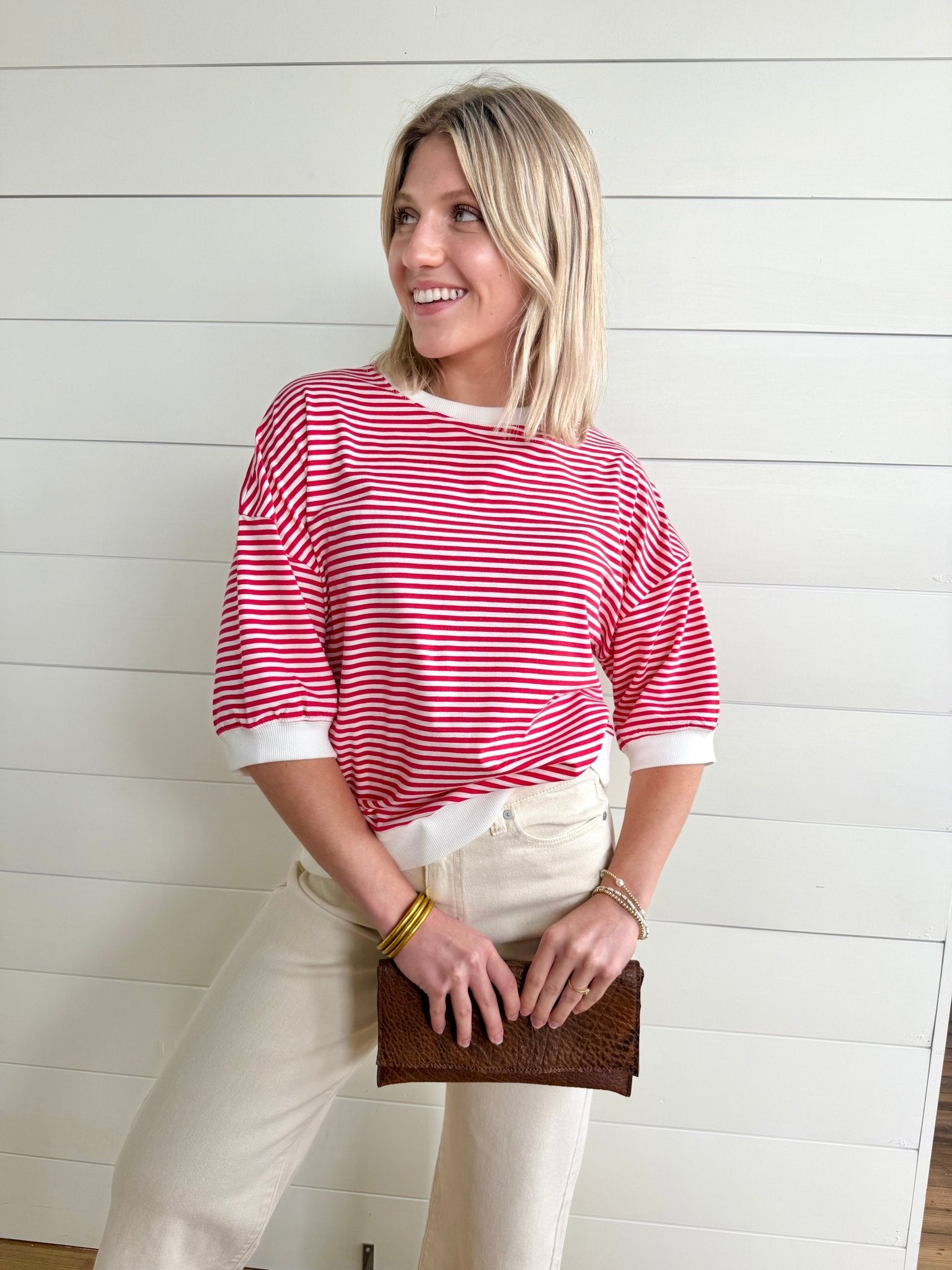 Striped Contrast Trim Rib Banded Top In Ruby - Infinity Raine