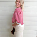 Striped Contrast Trim Rib Banded Top In Ruby - Infinity Raine