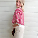 Striped Contrast Trim Rib Banded Top In Ruby - Infinity Raine
