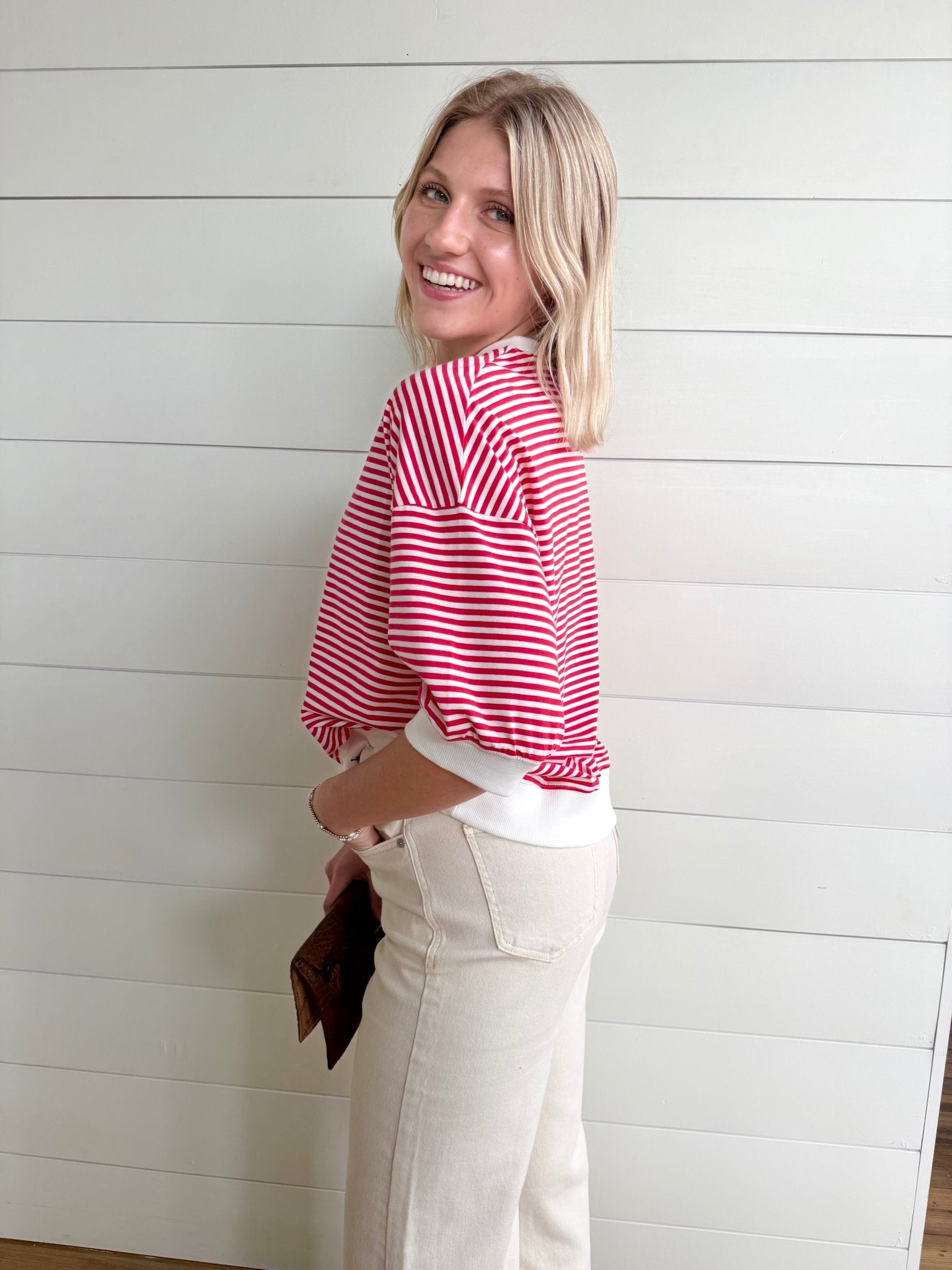 Striped Contrast Trim Rib Banded Top In Ruby - Infinity Raine