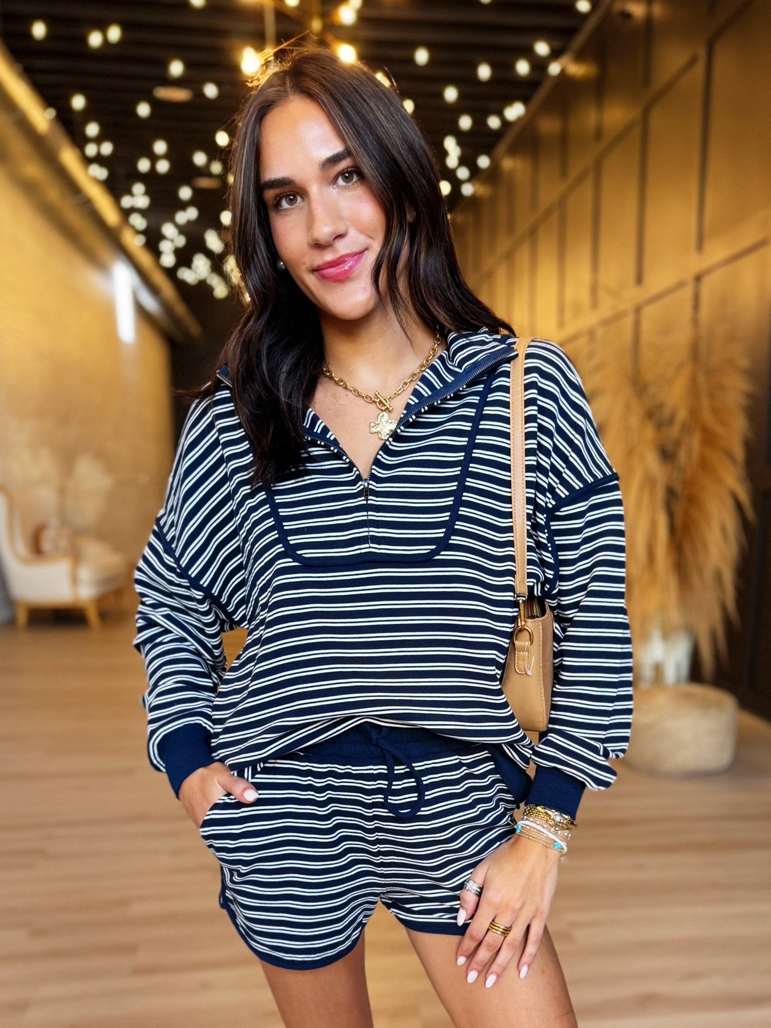 Striped Contrast Waist Knit Lounge Shorts In Navy - Infinity Raine