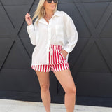 Striped Cotton Twill Mini Shorts In Red - Infinity Raine