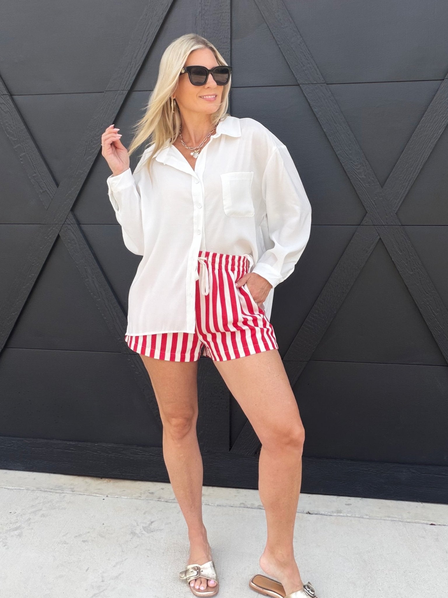 Striped Cotton Twill Mini Shorts In Red - Infinity Raine