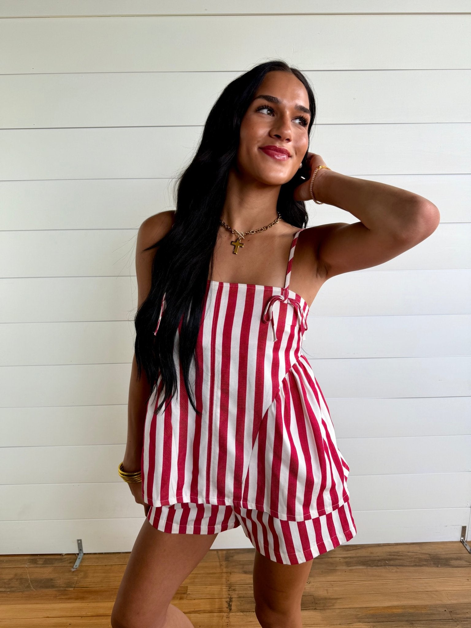 Striped Cotton Twill Mini Shorts In Red - Infinity Raine