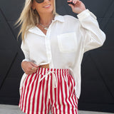 Striped Cotton Twill Mini Shorts In Red - Infinity Raine