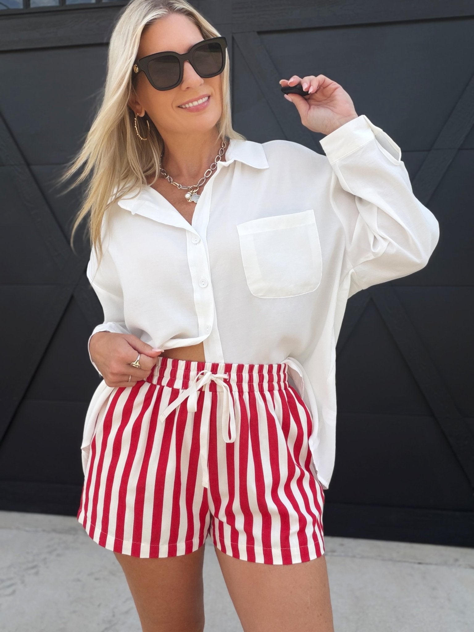Striped Cotton Twill Mini Shorts In Red - Infinity Raine