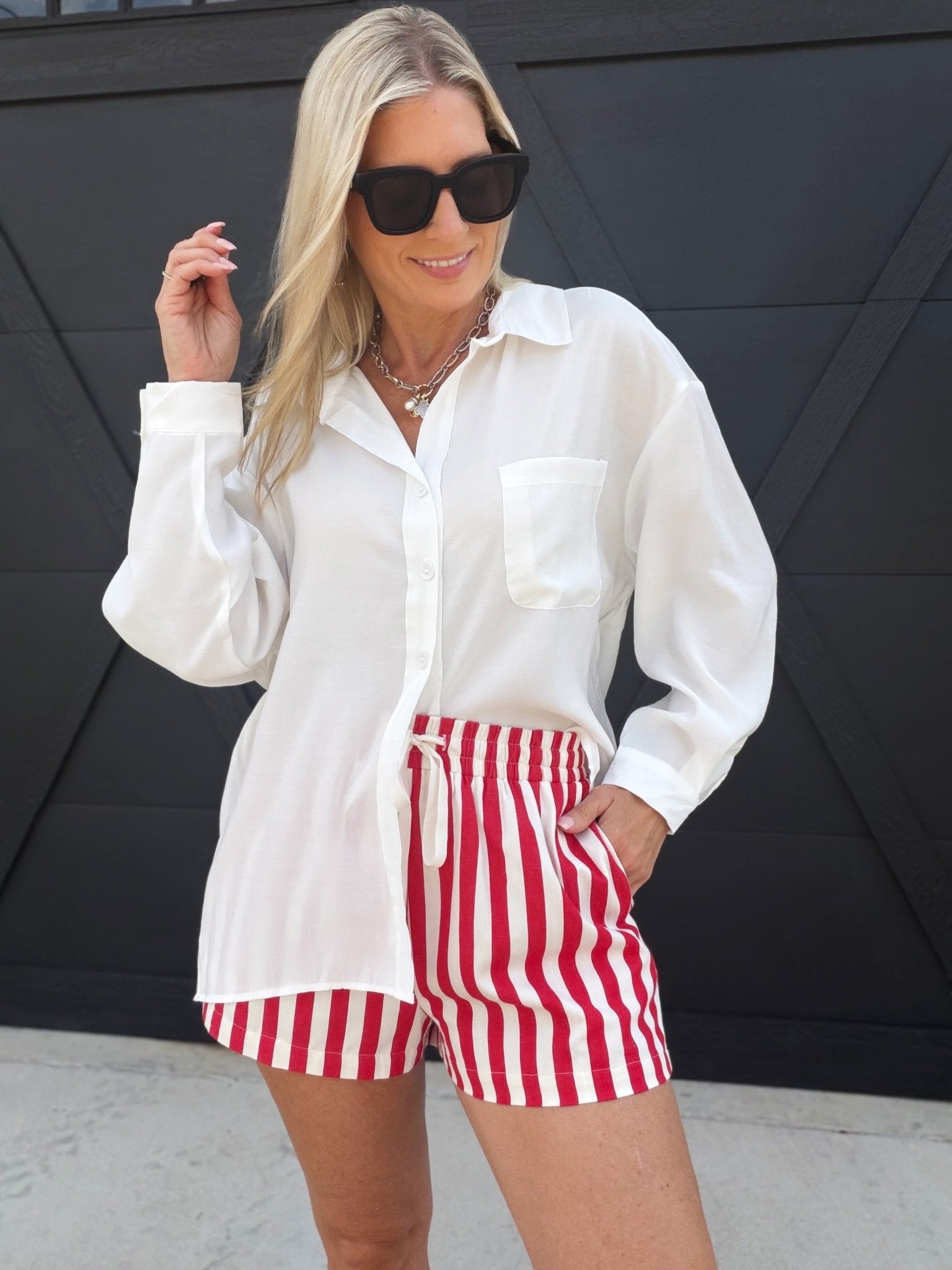 Striped Cotton Twill Mini Shorts In Red - Infinity Raine