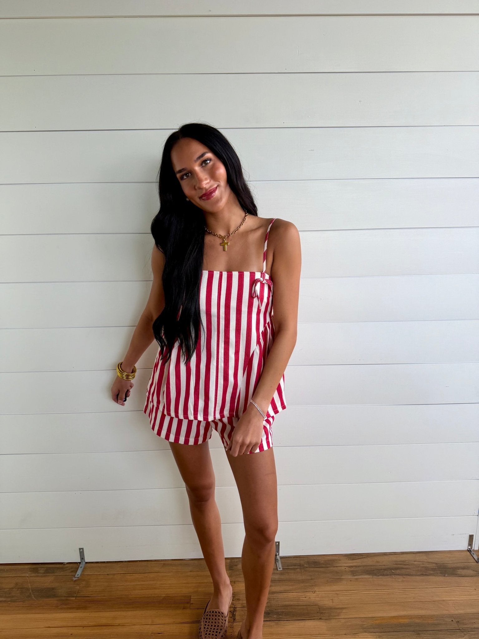 Striped Cotton Twill Mini Shorts In Red - Infinity Raine