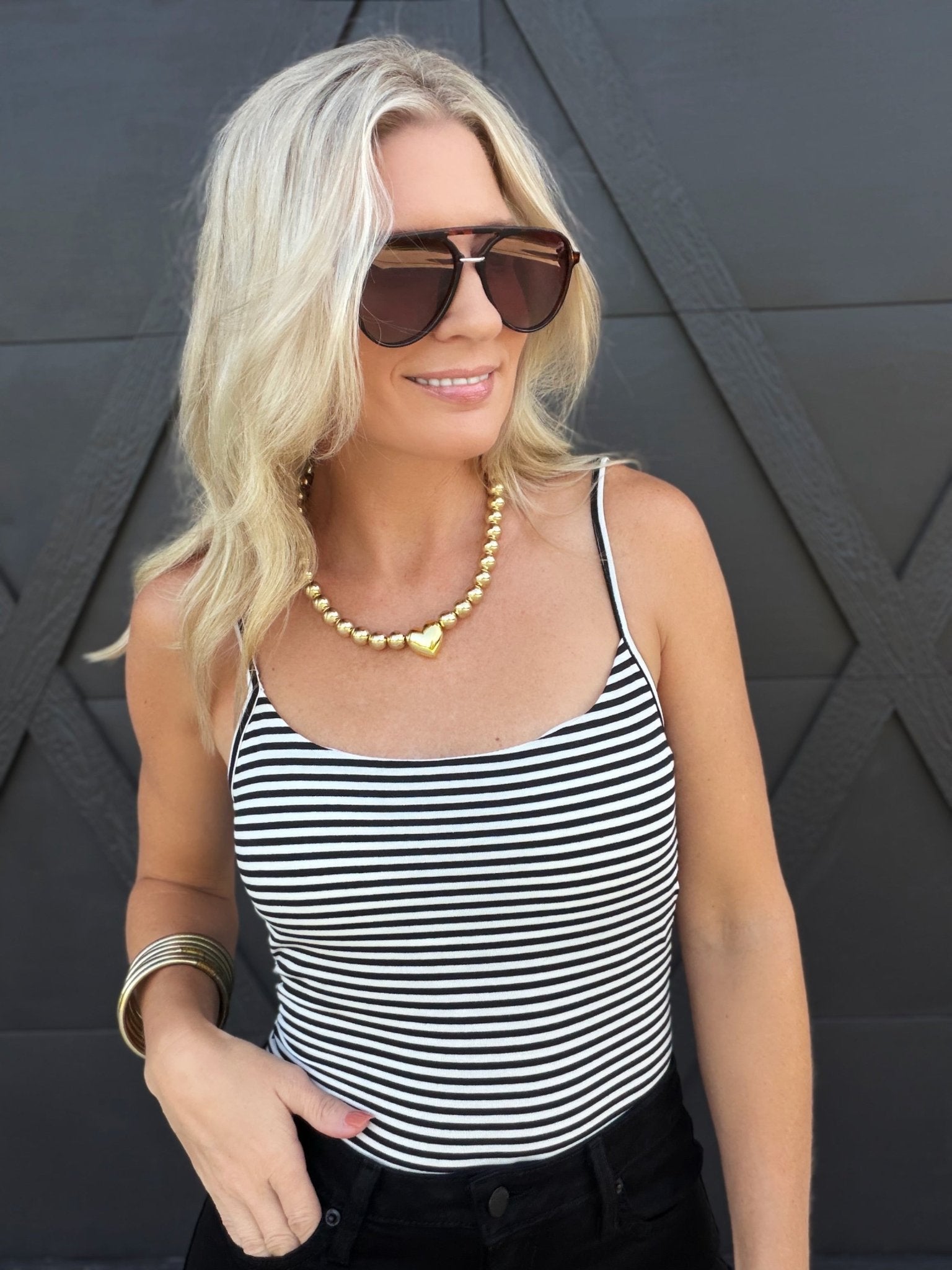 Striped Double Lined Removable Built-in Bra Cami In Black And Soft White - Infinity Raine