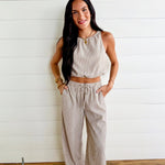 Striped Drawstring Wide Leg Pants In Khaki - Infinity Raine