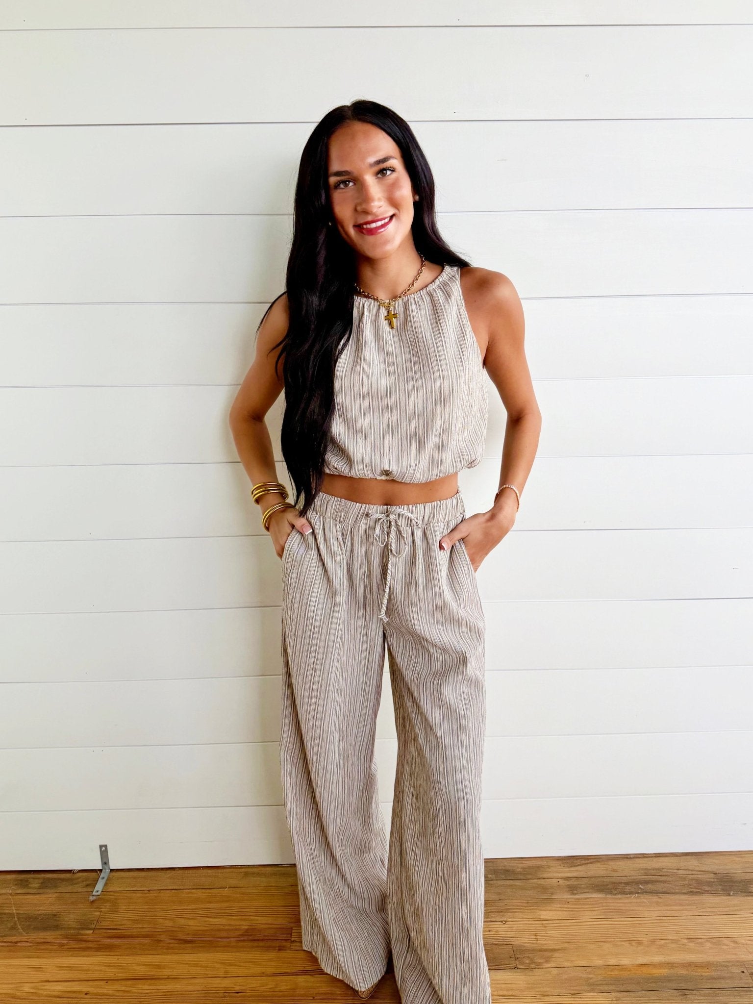Striped Drawstring Wide Leg Pants In Khaki - Infinity Raine