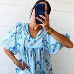 Striped Floral Bubble Sleeve Blouse In Skye Blue - Infinity Raine
