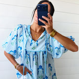 Striped Floral Bubble Sleeve Blouse In Skye Blue - Infinity Raine