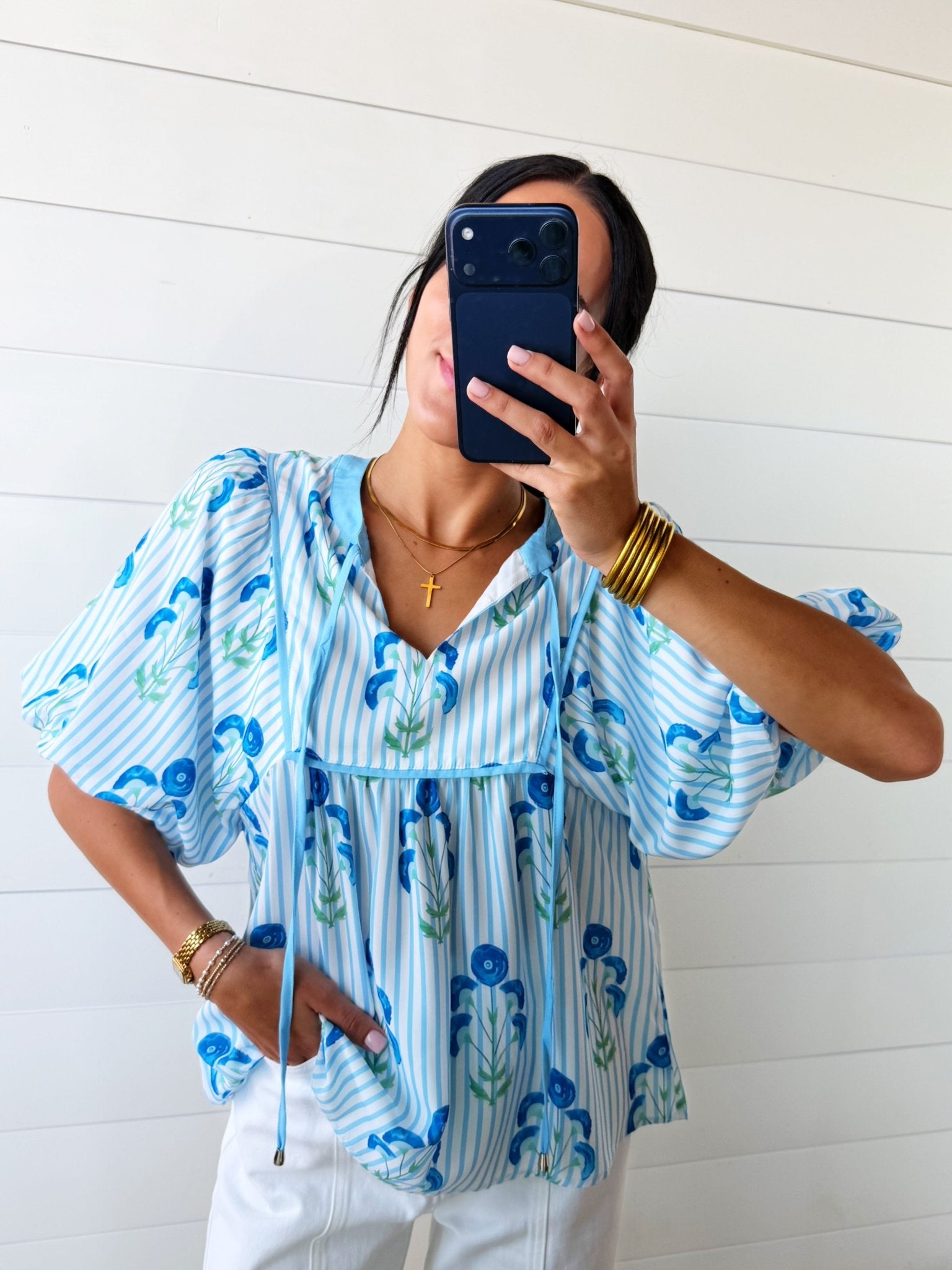 Striped Floral Bubble Sleeve Blouse In Skye Blue - Infinity Raine