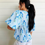 Striped Floral Bubble Sleeve Blouse In Skye Blue - Infinity Raine