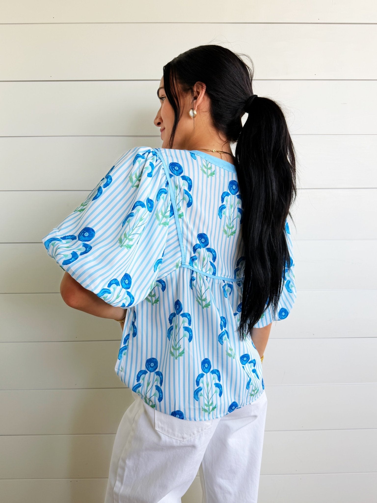 Striped Floral Bubble Sleeve Blouse In Skye Blue - Infinity Raine