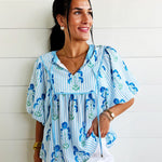 Striped Floral Bubble Sleeve Blouse In Skye Blue - Infinity Raine