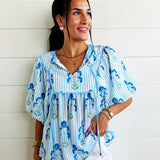 Striped Floral Bubble Sleeve Blouse In Skye Blue - Infinity Raine