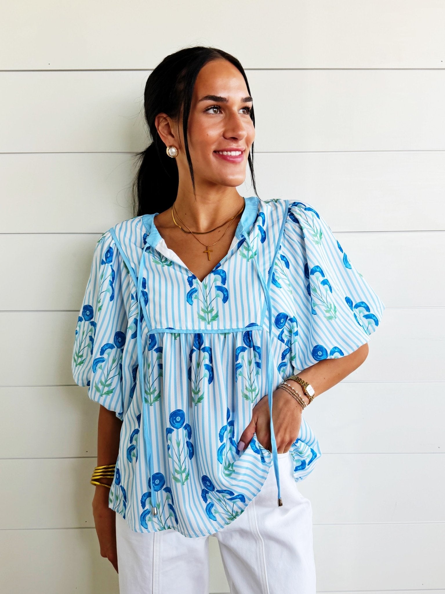 Striped Floral Bubble Sleeve Blouse In Skye Blue - Infinity Raine