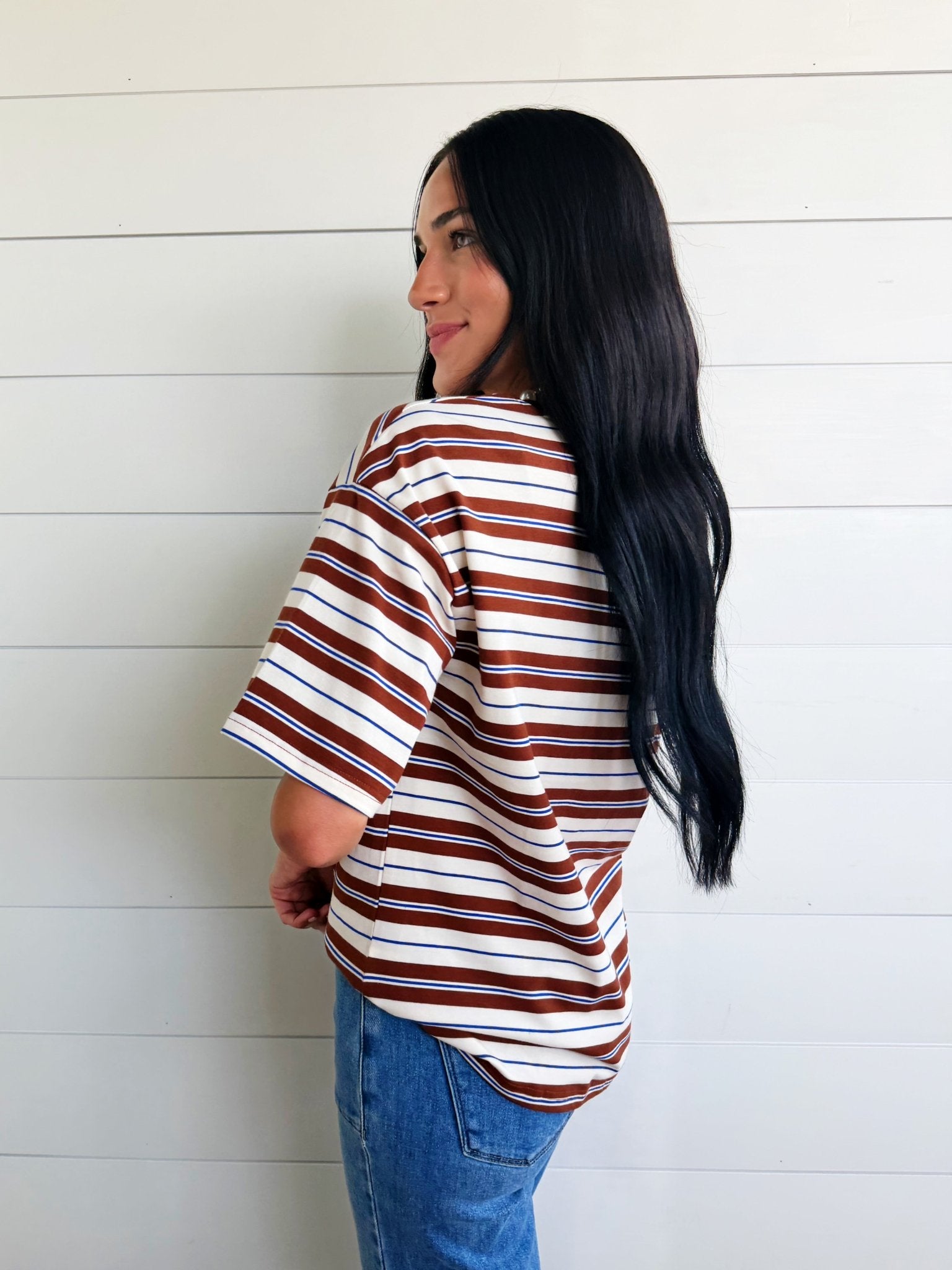 Striped Half Sleeve Casual Oversized Tee In Brown Stripe - Infinity Raine
