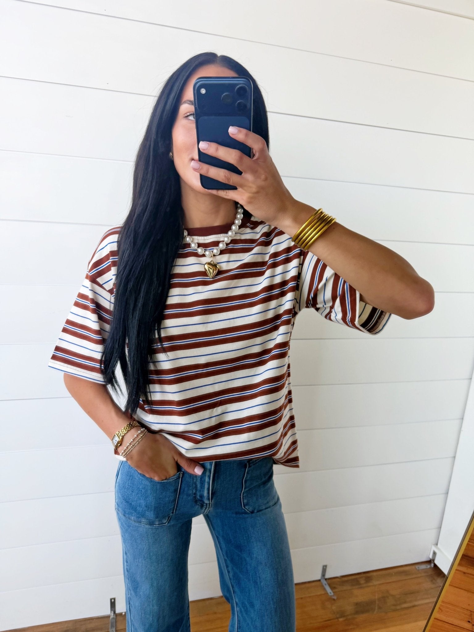 Striped Half Sleeve Casual Oversized Tee In Brown Stripe - Infinity Raine