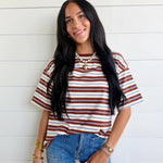 Striped Half Sleeve Casual Oversized Tee In Brown Stripe - Infinity Raine