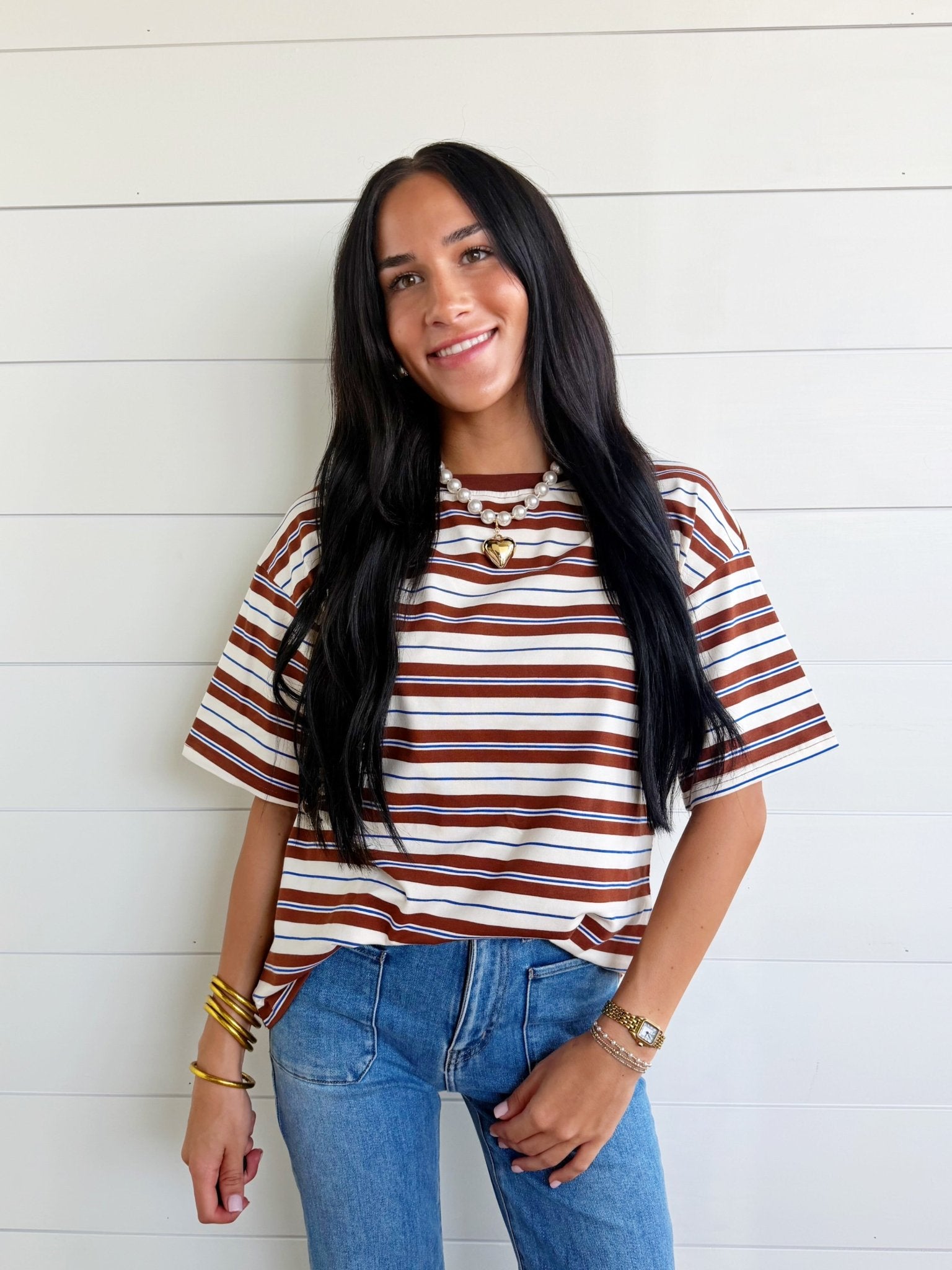 Striped Half Sleeve Casual Oversized Tee In Brown Stripe - Infinity Raine