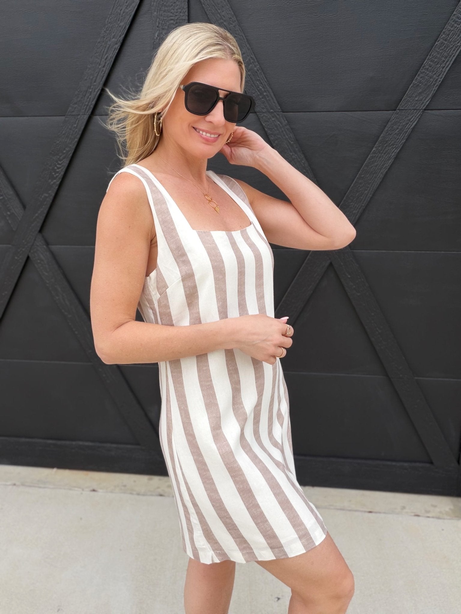 Striped Linen Mini Dress In Brown, L Striped Linen Mini Dress In Brown, L